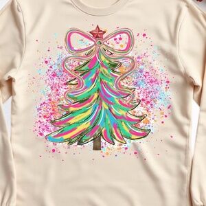 Christmas T-shirt Whimsical tree Pink S M L XL soft fun New Custom made Tan